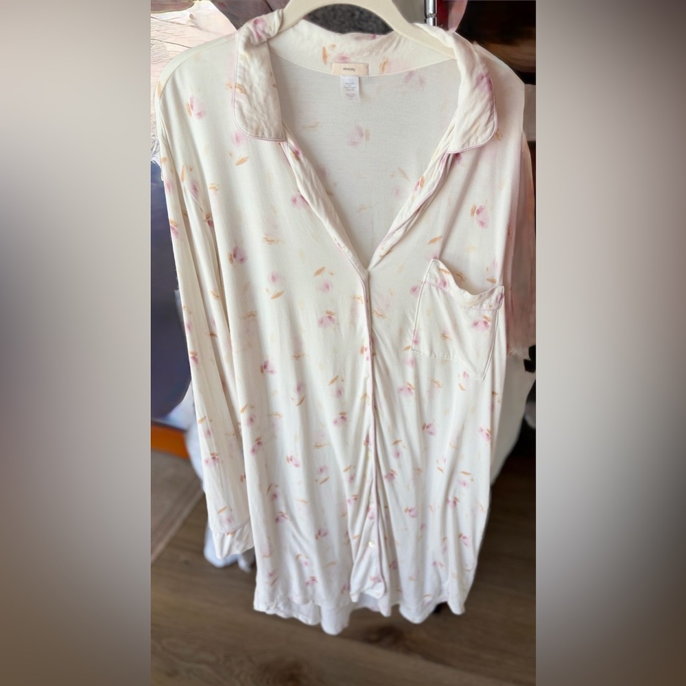 Eberjey Cream Giselle  Floral Button-Front Nightshirt with Pink Accents